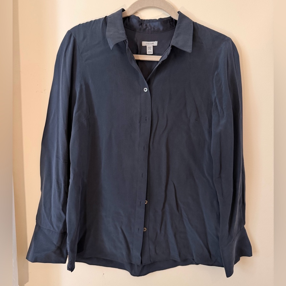 Jigsaw Silk Navy Long-Sleeve Button Front Shirt